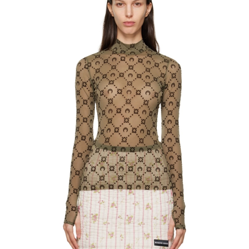 Worn once. Mesh, see thru, marine serre khaki long sleeve.